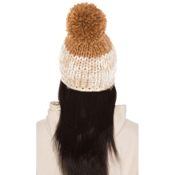 FREE PEOPLE Cozy Up Color Block Pom Beanie Oat Camel Chunky Knit Warm Fuzzy Boho - Picture 4 of 10